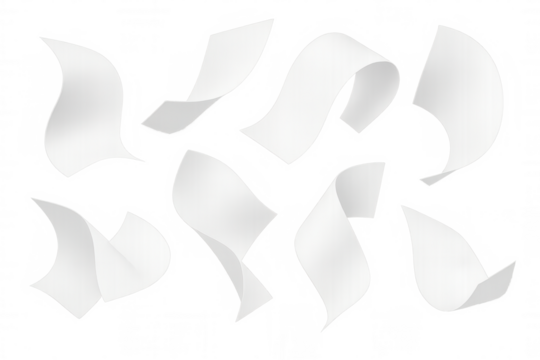 Set of blank white paper sheets soaring and waving gracefully against a transparent background, creating a dynamic and modern visual effect