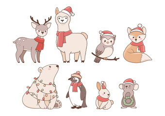 Christmas Animals Collection Vector, Christmas Friends, Festive Woodland Animals and Arctic Animals Hand Drawn Design