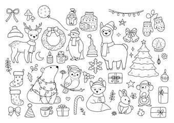 Christmas Animals Collection Outline Vector, Christmas Friends, Festive Woodland Animals and Arctic Animals Coloring Page Hand Drawn Design