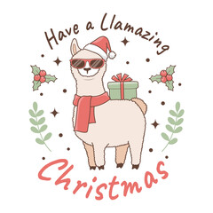 Hand drawn vector illustration of a cute funny llama with santa hat and sunglasses, text Have a Llamazing Christmas. Isolated objects on white