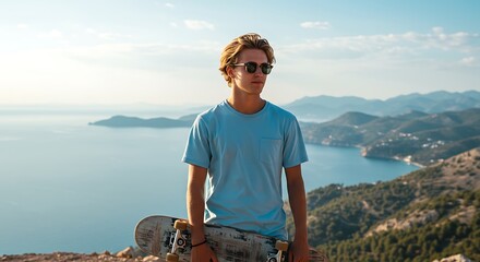 Portrait of Young man blonde in sunglasses skater standing with skateboard on the mountain in front of amazing sea view