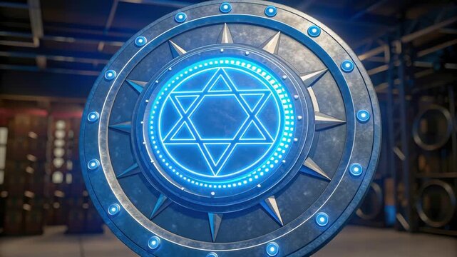 Futuristic shield glowing emblem neon blue symbol metal circle cyber security ai threats in healthcare systems hexagram ring sci fi energy