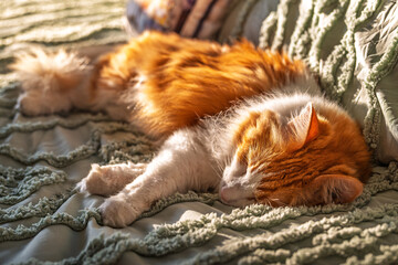 A beautiful long hair orange and white cat sleeps inside a bedroom on a rumpled bedspread as the sunlight comes through a window and highlights him.