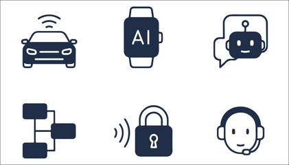 AI & Tech Communication Icons – Autonomous Vehicle, Smartwatch AI, Chatbot, Cybersecurity, System Architecture & Voice Support Vector Set