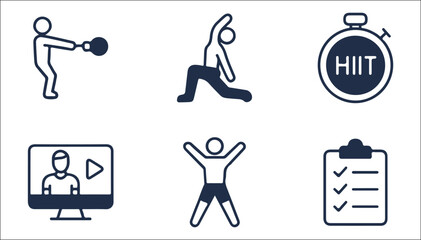 Minimalist Fitness & Wellness Icons – HIIT, Yoga, Online Workouts, Exercise Tracker, and Healthy Lifestyle Vector Pack