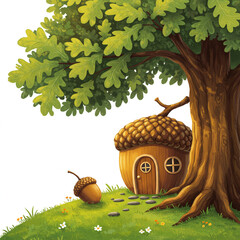 Whimsical Acorn House under Oak Tree: A Delightful Children's Book Illustration.