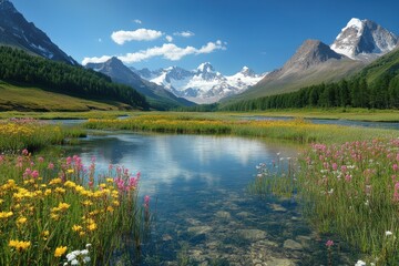 Wildflowers along mountain river in summer
