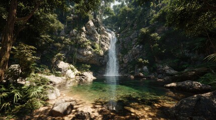 Fototapeta premium Lush waterfall cascading into a tranquil pool, surrounded by dense jungle foliage