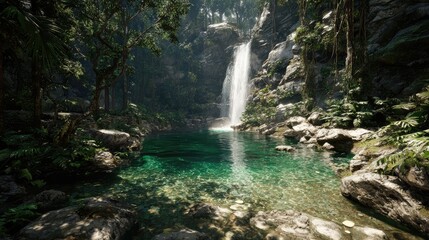 Lush jungle waterfall cascading into a tranquil pool