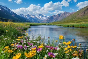 Wildflowers along mountain river in summer
