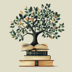 Books with tree. Banner of Education and knowledge vector concept. , vector style simple color