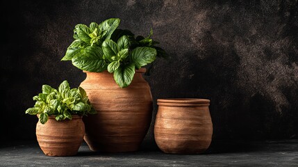 Vibrant green basil plants thrive in rustic terracotta pots, creating a fresh and natural aesthetic for culinary or home decor projects