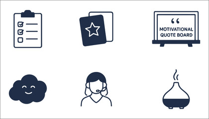 Minimalist Productivity & Wellness Icons – Motivation, Support, Checklist, Aromatherapy, and Mindful Workspace Vector Pack