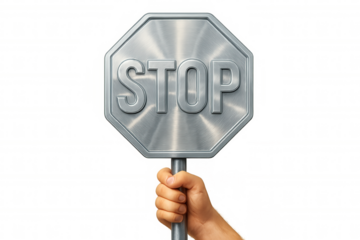 Hand holding a brushed metal octagonal stop sign on a transparent background, ideal for safety and traffic concepts