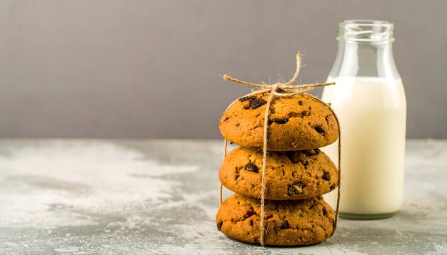 Stacked chocolate chip cookies tied with twine next to a milk bottle