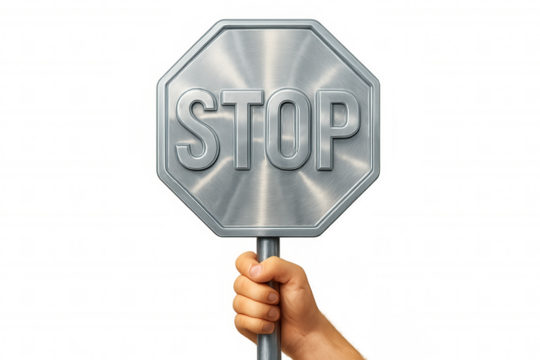 Hand holding a brushed metal octagonal stop sign on a transparent background, ideal for safety and traffic concepts