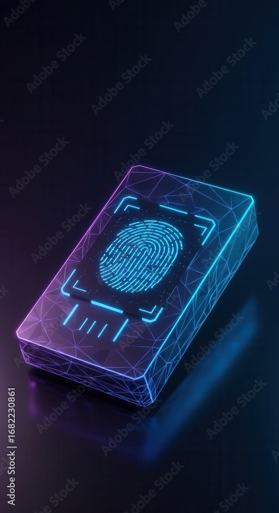 Poster a stylized, 3d rendering of a biometric scanner, highlighting a glowing fingerprint recognition tech