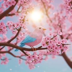 A charming, polygonal bird perches on a branch adorned with delicate pink cherry blossoms against a pastel sky, evoking a serene and springtime mood.
