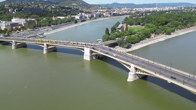 Aerial shot of Margaret island (Margitsziget) and Margaret Bridge (Margit h&iacute;d) in Budapest.