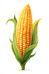 Vibrant corn cob with lush green leaves against a clean white background, ideal for food themes
