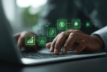 Close-up of hands typing on a laptop, overlaid with glowing financial icons