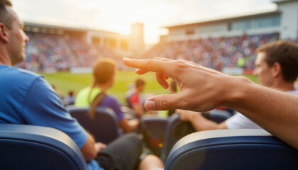 Hand pointing towards football game in stadium during sunset