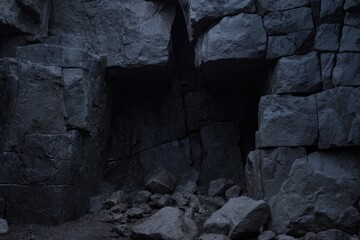 Dark, imposing rock formation, possibly a cave entrance, with rough, uneven surfaces and scattered rocks at the base