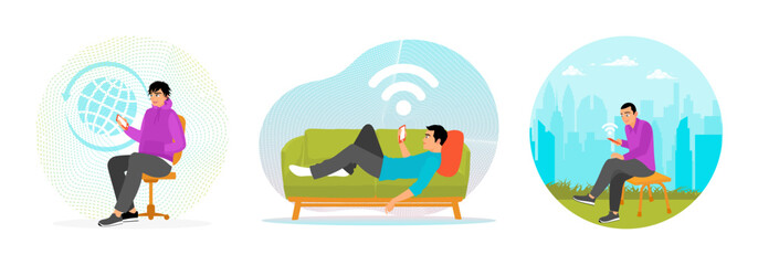 Man Using Smartphone. Man Relaxing on Sofa Holding Smartphone. Man Using Smartphone in a City Park.