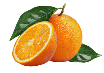 Fresh orange fruit, whole and sliced, with leaves