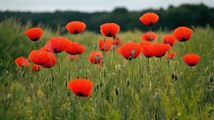 Obraz premium Vibrant red poppies blooming in a lush green field under a soft overcast sky in the countryside