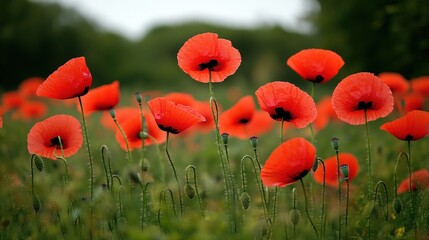 Fototapeta premium Vibrant red poppies blooming in a lush green field on a bright sunny day in the countryside