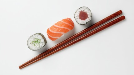 Three sushi pieces, salmon and tuna, atop a white surface, with chopsticks