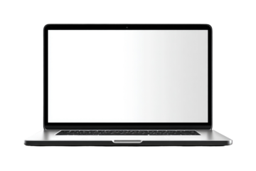 Front view of a modern laptop computer.  Blank screen, silver/gray chassis
