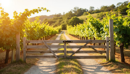 Scenic vineyard entrance with wooden gate and sunlit pathway  