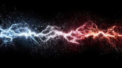 Bright flashes of blue and red lightning intertwine, creating a striking visual effect over a deep black canvas, showcasing energy in motion.