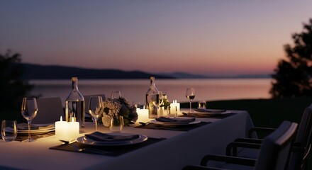 Romantic Dinner Table at Sunset Outdoor Setting with Candles and Elegant Tableware