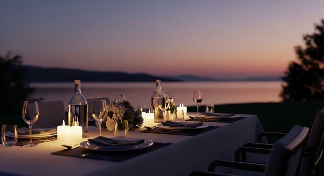 Romantic Dinner Table at Sunset Outdoor Setting with Candles and Elegant Tableware