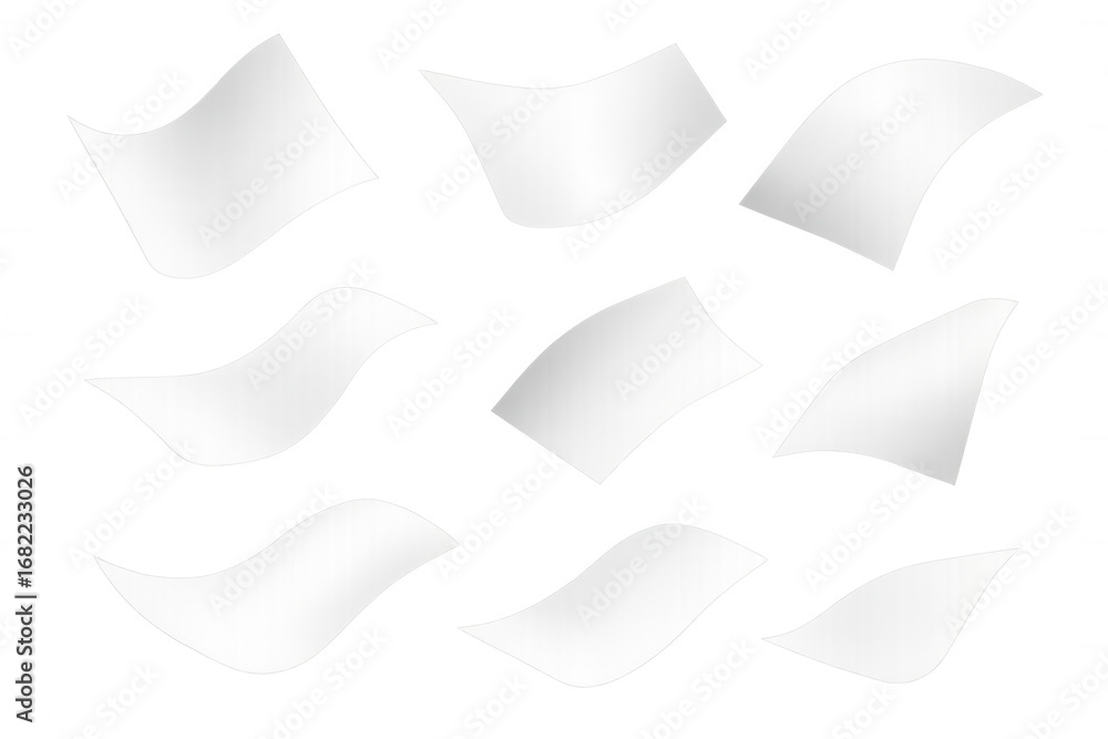 Poster several blank white sheets of paper flying and swirling on a transparent background, creating a dyna