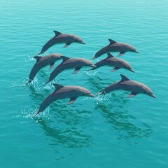 Obraz premium A stylized, low-poly illustration of dolphins leaping playfully in a turquoise ocean.