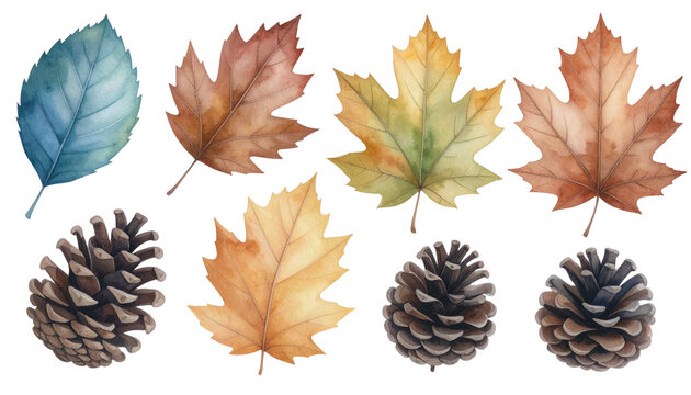 Aquarellillustration von gefallenen Bl&auml;ttern und Tannenzapfen