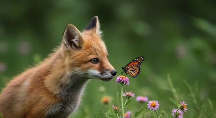 Fuchs beobachtet Schmetterling sanft Blumen Wiese weiches Licht. AI Generated