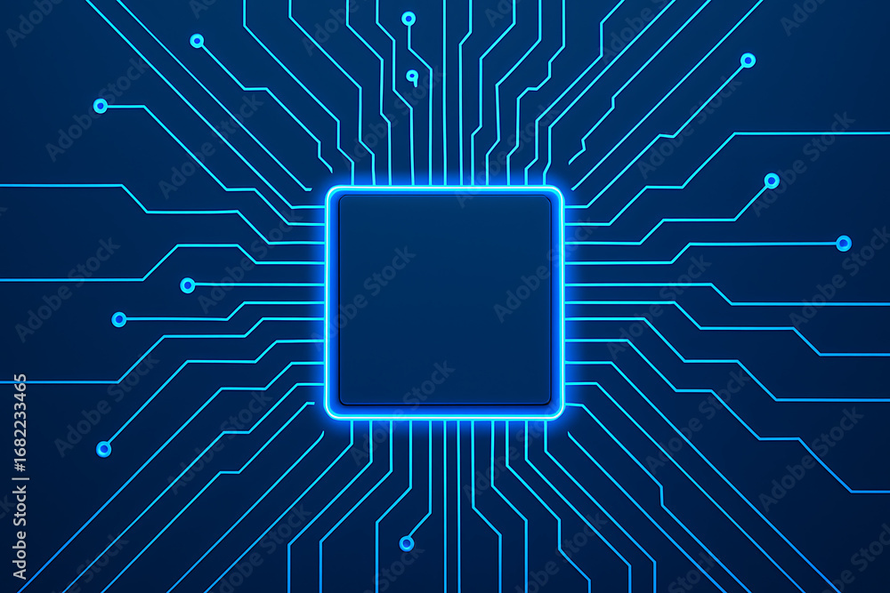 Poster a glowing blue microchip on a futuristic circuit board, representing advanced computer technology, i