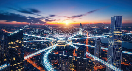 Smart city network connectivity overlays urban skyline at sunset. Digital communication lines connect skyscrapers in futuristic metropolitan infrastructure concept.