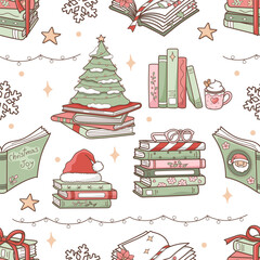 Christmas Book Lover Seamless Pattern, Xmas Tree Books Fabric Design Vector