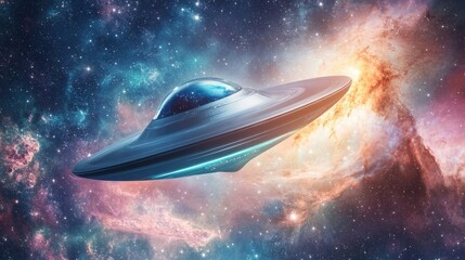 Ufo flying through a colorful nebula in deep space exploration and cosmic adventure scene creating a sense of wonder and mystery