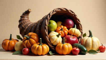 An image of a cornucopia filled with fruits, vegetables, and gourds, symbolizing the harvest and abundance associated with Thanksgiving.