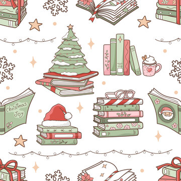Christmas Book Lover Seamless Pattern, Xmas Tree Books Fabric Design Vector