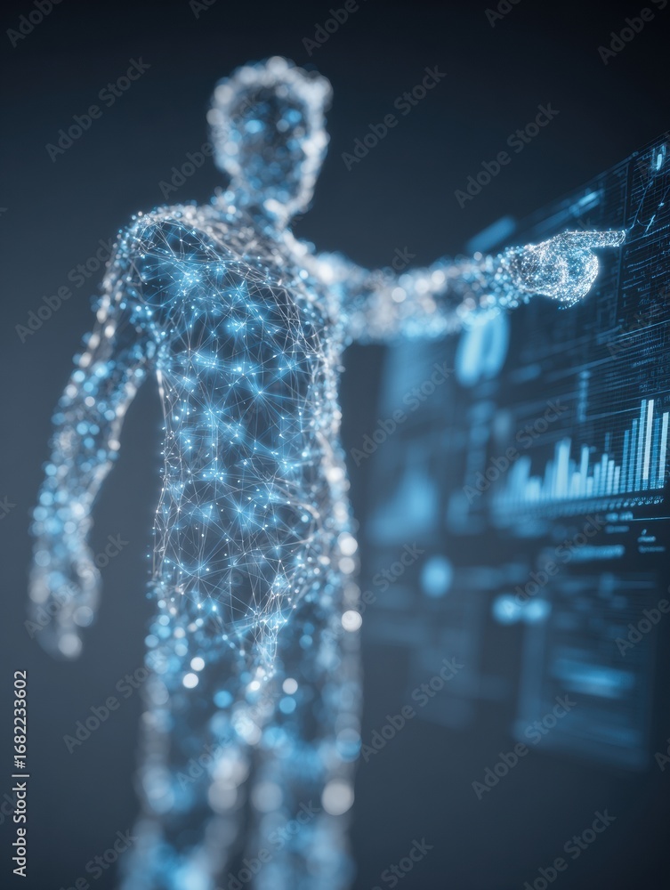 Poster a glowing digital figure points at a screen showing complex data visualizations, showcasing the blen