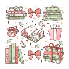 Christmas Bookish Vector, Cozy Winter Reading, Holiday Book Lover Hand Drawn Design