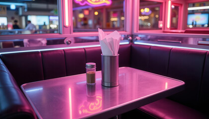 Diner table with condiments and napkins under neon lights  